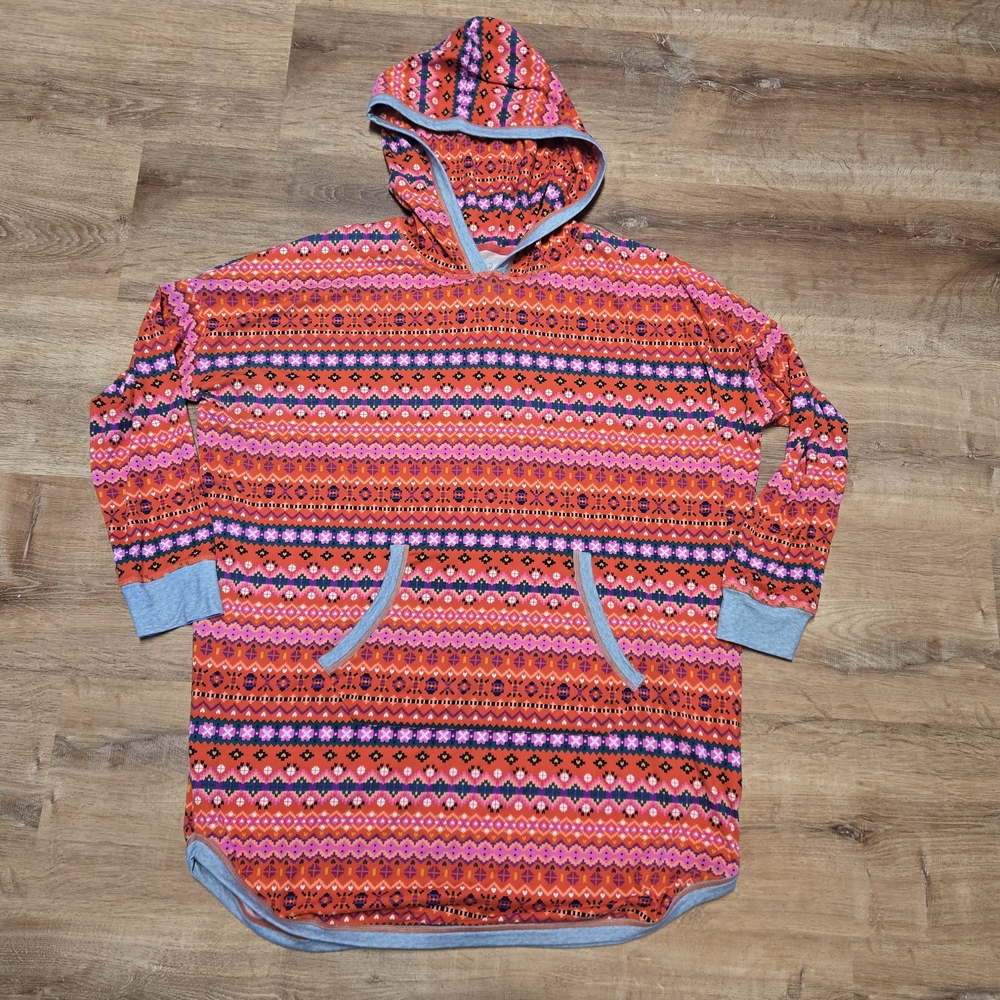 Cuddl Duds Hooded Pajama Nightgown - Red, Pink & Orange Pattern Mediun